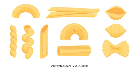 Tipos de pasta de dibujos animados. Mano dibujado doodle macarrones y spaghetti ingredientes para cocinar, cocina italiana Elementos de comida gourmet. Pasta italiana clásica para el Vector del menú del restaurante aislado fijado en blanco