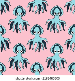 Cartoon pastel blue octopuses on pink seamless pattern vector