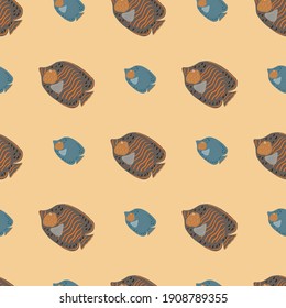 Cartoon pastel palette seamless pattern with brown and blue butterfly fish elements. Light background. Decorative backdrop for fabric design, textile print, wrapping, cover. Vector illustration.