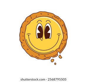 Cartoon pastry with a big smile, cartoon groovy bakery and bread character conveys funky vibe, positivity and fun. Vector cheerful retro confection, retro dessert personage with happy face and crumbs