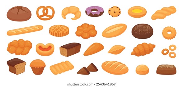 Cartoon pastry and bread. Isolated french baguette, croissant, buns rolls, cookies and pie. Breads from rye or wheat flour. Bakery neoteric vector products