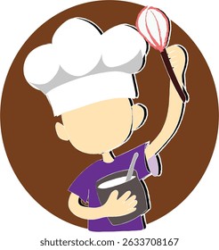 cartoon pastry chef holding a whisk. chef with a toque (chef's hat) and a whisk.