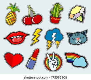 Cartoon patch badges vector stock. Peace and love, cactus and cherry illustration