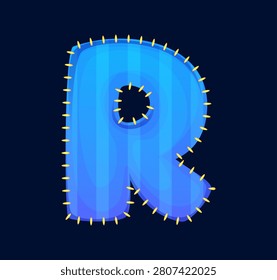 Cartoon patch font motley blue letter R, patchwork typeface, ABC English clubber patch alphabet type. Fabric font, patch type letter. Patchwork typeface with blue stripe pattern, yellow thread seam