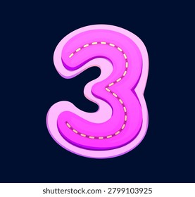 Cartoon patch font motley number 3, patchwork typeface. ABC English clubber botch alphabet type. Pink stitched fabric number 3, edged with white embroidery thread. Vector graphic for sewing store