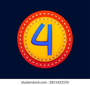 Cartoon patch font motley number 4 four, patchwork typeface, ABC English clubber botch alphabet type. Textile typeface font number. Yellow and red fabric, blue embroidery patch typeset digit