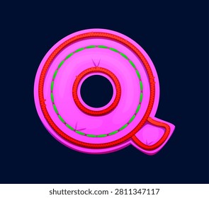 Cartoon patch font motley pink letter Q, patchwork typeface, ABC English clubber patch alphabet type. Patchwork alphabet letter, fabric typeface. Patch font type with red thread embroidery seam