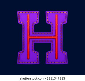 Cartoon patch font motley purple letter H, patchwork typeface, ABC English clubber patch alphabet type. Textile type, fabric font letter. Patchwork typeset with red thread seam on purple background