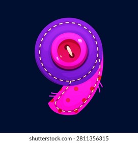 Cartoon patch font motley purple number 9 nine, patchwork typeface, ABC English clubber botch alphabet type. Patchwork font symbol, typeface number. Patch purple and pink fabric, button typeset