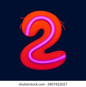 Cartoon patch font motley red number 2 two, patchwork typeface, ABC English clubber botch alphabet type. Textile patch font figure, typeset digit. Violet embroidery patchwork typeface number
