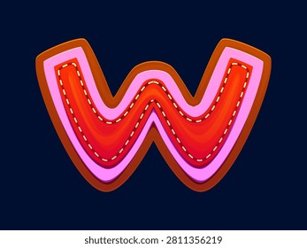Cartoon patch font motley red letter W, patchwork typeface, ABC English clubber patch alphabet type. Textile font, fabric typeface. Patch type letter with brown and violet backdrop, yellow seam