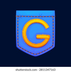 Cartoon patch font motley yellow letter G, patchwork typeface, ABC English clubber patch alphabet type. Textile typeset, font letter. Patch alphabet with blue shield shape, yellow thread seam