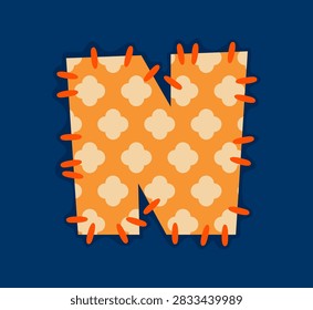 Cartoon patch font orange letter N, patchwork typeface, motley ABC English alphabet type. Textile typeface, fabric applique alphabet letter. Motley patchwork font type with floral pattern and thread