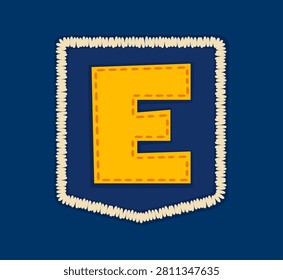 Cartoon patch font yellow letter E, patchwork typeface, motley ABC English alphabet type. Colorful patch alphabet letter, motley patchwork font type. Embroidered textile typeset with embroidery border