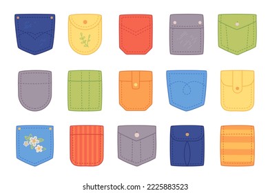 Cartoon patch pockets. Jean or cotton doodle pocket with button and seam for denim fabric pants or shirt, casual garment front back canvas cloth pieces vector illustration of pocket apparel wear