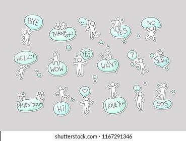 Cartoon patches with speech bubbles. Comic hand drawn set with little people. Vector illustration isolated on grey background.