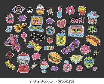 Cartoon patches,stickers or doodle icons set with hand drawn colorful design elements and objects in 80s 90s style. Vector