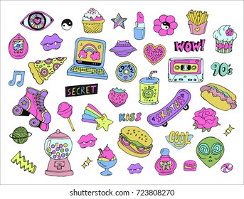 Cartoon patches,stickers or doodle icons set with hand drawn colorful design elements and objects in 80s 90s style. Vector