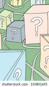 Cartoon of paths around question mark buildings