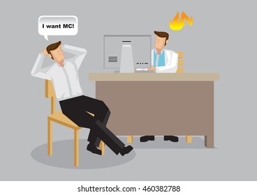 Cartoon patient in doctors office demands medical certificate from general practitioner. Vector illustration on abuses in health care and medical industry isolated on plain background.
