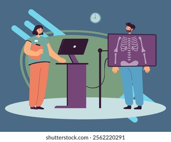 Cartoon patient getting X-ray during medical checkup in clinic. Doctor making diagnosis using body scanner, diagnostics research flat vector illustration. Radiology concept for banner, website design