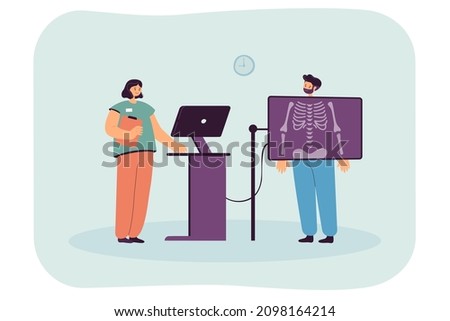 Cartoon patient getting X-ray during medical checkup in clinic. Doctor making diagnosis using body scanner, diagnostics research flat vector illustration. Radiology concept for banner, website design