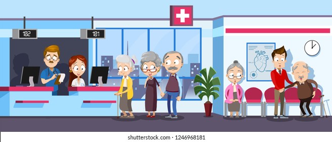 Cartoon patients waiting in line doctors appointment vector illustration. Older people women and men at hospital lobby at reception desk. Healthcare concept