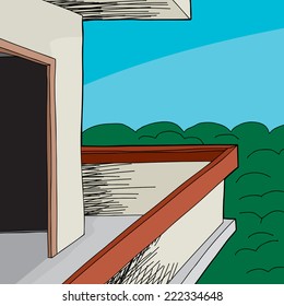 Cartoon patio with empty doorway and forest background
