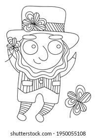 Cartoon Patrick coloring book page for kids and adults vector. Detailed hand drawn celtic folklore character with clovers. Funny Patrick with shamrocks vertical printable worksheet. One of a series