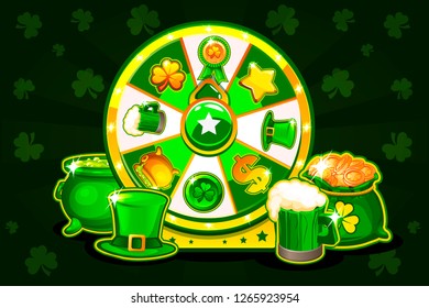 Cartoon Patrick s lucky roulette, spinning fortune wheel. Holiday icons and symbols, vector illustration. Game assets