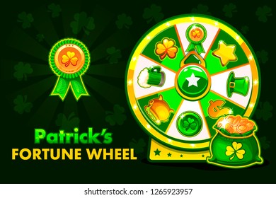 Cartoon Patrick s lucky roulette, spinning fortune wheel. Holiday icons and symbols, vector illustration. Game assets