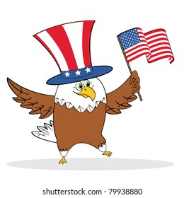 Cartoon patriotic eagle holding american flag. Vector illustration