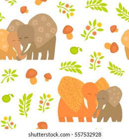 Cartoon pattern with Animals Parent with Baby Mother's Day Cards. Brightly colored childish animals. Mothers and children. Cute elephants