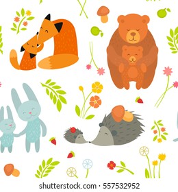 Cartoon pattern with Animals Parent with Baby Mother's Day Cards. Brightly colored childish animals. Mothers and children. Cute foxes, bears, rabbits and hedgehogs