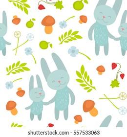 Cartoon pattern with Animals Parent with Baby Mother's Day Cards. Brightly colored childish animals. Mothers and children. Cute rabbits