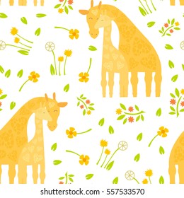 Cartoon pattern with Animals Parent with Baby Mother's Day Cards. Brightly colored childish animals. Mothers and children. Cute giraffes