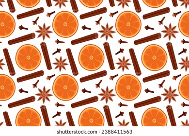 Patrón de dibujos animados de la estrella del anís, los ropas secas y la rebanada de naranja sobre fondo blanco. Patrón sin foco de especias. Patrón de rodajas anaranjadas y palos de canela.