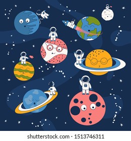 Cartoon pattern with astronaut on a spaceship  and planets in space . Futuristic background with cosmonauts and stars. Galaxy wallpaper for kids.