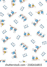 Cartoon pattern of bear riding a train with smooth contours, vector illustration, swing drawing with smooth contours as an ornament, suitable for children's clothes design.