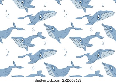 Cartoon pattern with blue and humpback whales on a white background, childish stylized illustration