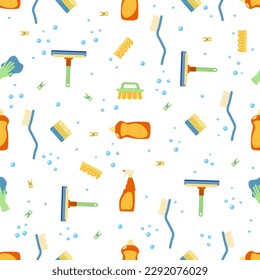 A cartoon pattern with brushes and bottle spray for cleaning. White background.