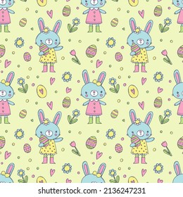 Cartoon pattern with bunnies, flowers and colored eggs. Children's Easter background for wrapping paper, fabric, decor. Cute bunnies in colorful dresses