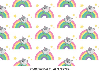 Cartoon pattern. Cat sleeping on a rainbow. Vector illustration.