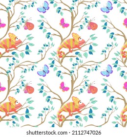 Cartoon pattern with chameleon and butterflies. Trendy tropical banner on a light background for printing textiles and prints for wallpaper in a children's room