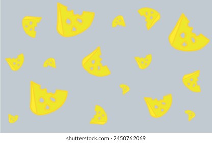 Dibujo animado de queso y ratones. Patrón para niños. Ilustración con ratones y una rebanada de queso para imprimir en tela, papel, ropa de cama, pijamas, papelería, Fondo de pantalla, cuadernos, platos.