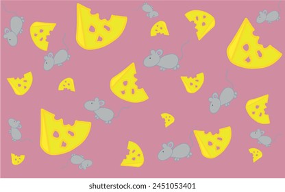 Cartoon pattern of cheese and mice. Pattern for children. Illustration with mice and a slice of cheese for printing on fabric, paper, bed linen, pajamas, stationery, wallpaper, notepads, dishes.