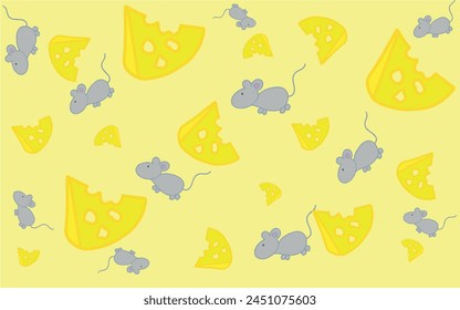 Cartoon pattern of cheese and mice. Pattern for children. Illustration with mice and a slice of cheese for printing on fabric, paper, bed linen, pajamas, stationery, wallpaper, notepads, dishes.