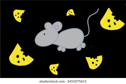 Cartoon pattern of cheese and mice. Pattern for children. Illustration with mice and a slice of cheese for printing on fabric, paper, bed linen, pajamas, stationery, wallpaper, notepads, dishes.