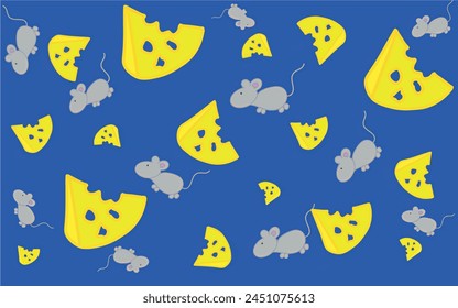 Cartoon pattern of cheese and mice. Pattern for children. Illustration with mice and a slice of cheese for printing on fabric, paper, bed linen, pajamas, stationery, wallpaper, notepads, dishes.