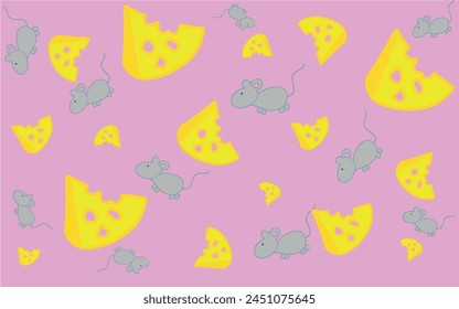 Cartoon pattern of cheese and mice. Pattern for children. Illustration with mice and a slice of cheese for printing on fabric, paper, bed linen, pajamas, stationery, wallpaper, notepads, dishes.